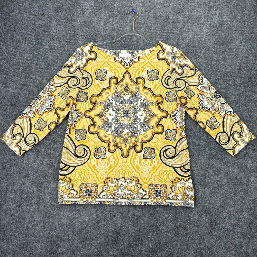 Charter Club Womens Yellow Paisley Medallion 3/4 Sleeve Boat Neck Top Size M